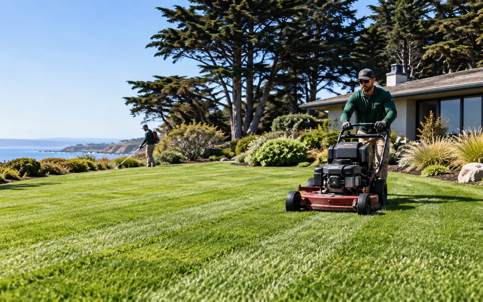 Lawn care crew working at a residential property
